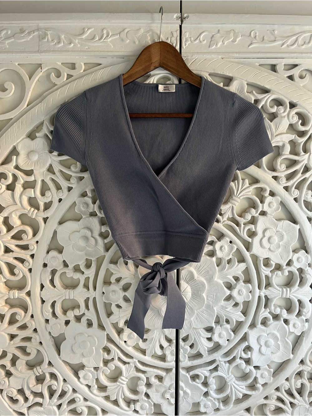 Aritzia Little Moon Ribbed Wrap Tie Front Crop Top Blue Size Small